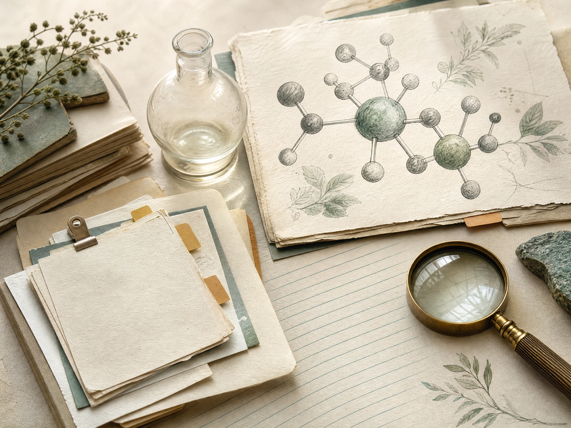 Archival research cards, a molecular specimen sketch, laboratory glassware, and a magnifying lens arranged as an evidence trail on warm paper