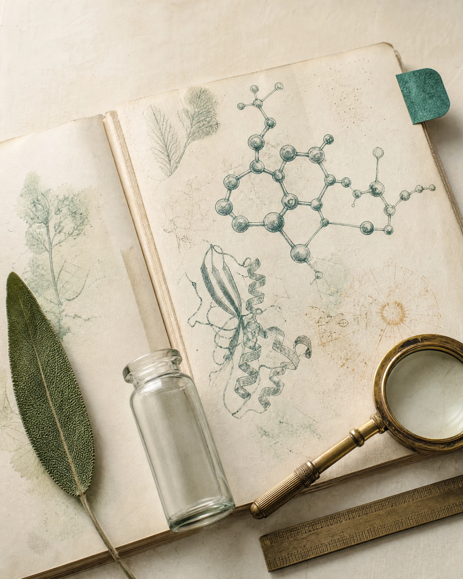 Annotated peptide specimen sketches, archival research notes, laboratory glassware, and a magnifying lens on a warm paper field guide